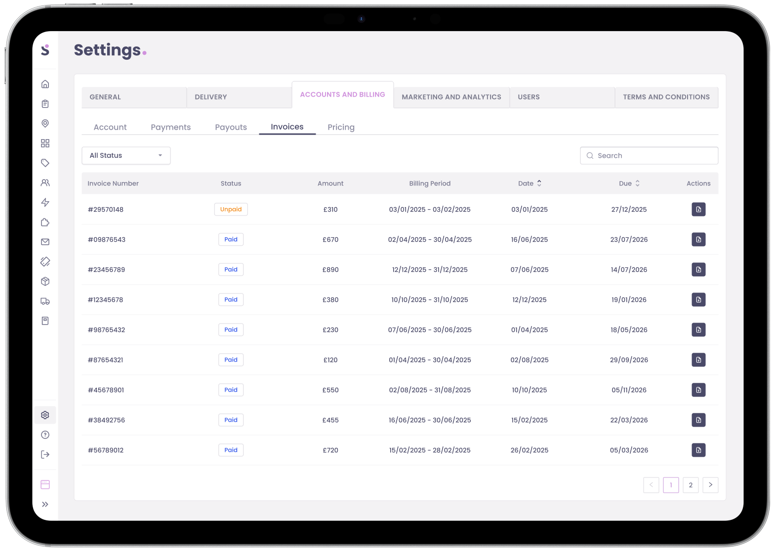 Invoices and receipts in Slerp Controls